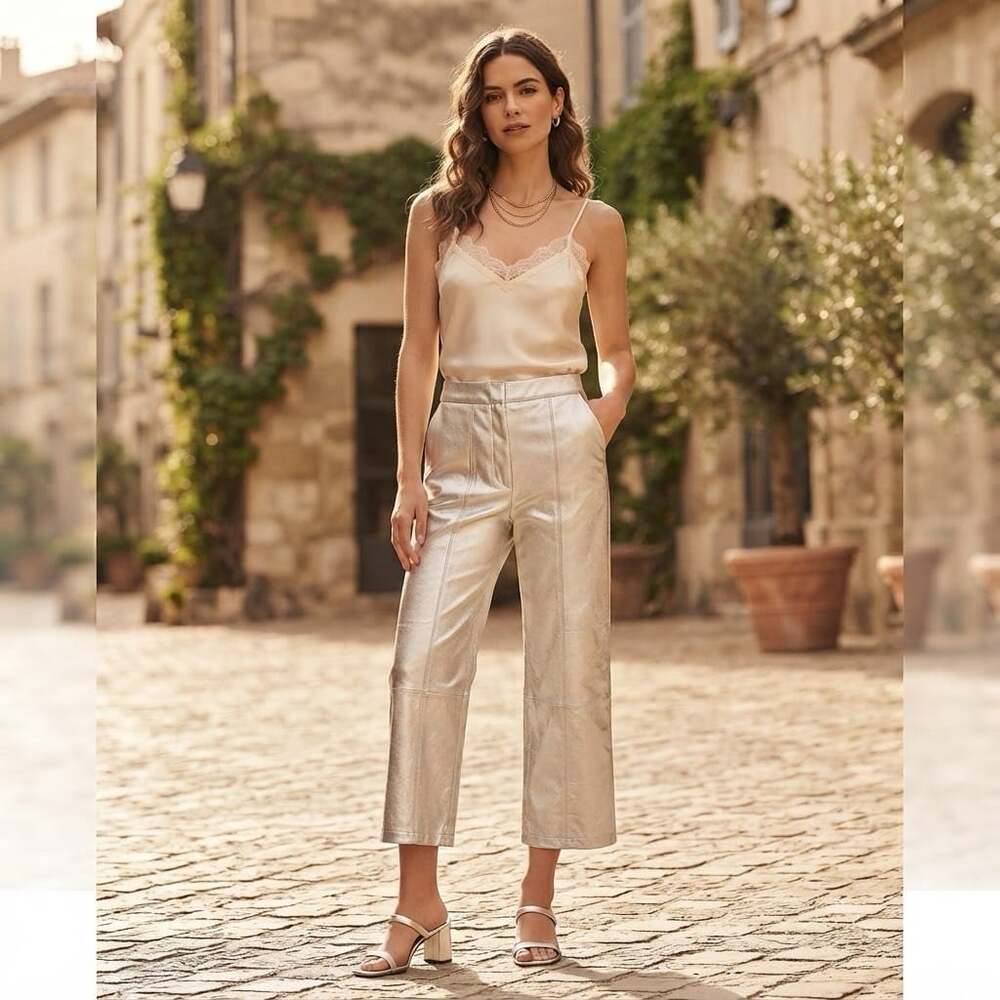 Bershka sz XS Silver Metallic Straight Leg Cropped Womens Rave Pants